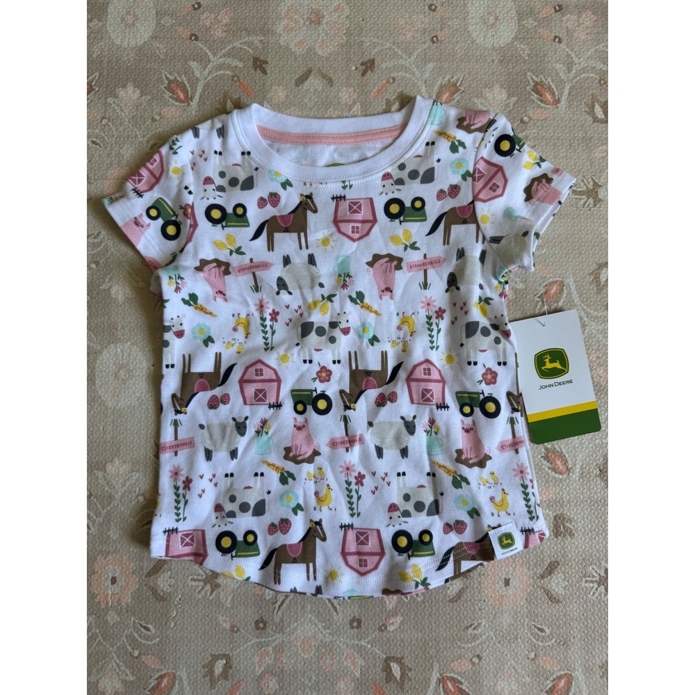 John Deere Girls White Farm Life Print T-Shirt Green Tractor Pink Barn 2T NWT